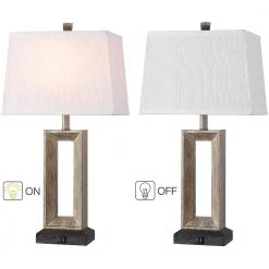 27.4 in. Bronze and Wood Tone Table Lamp with Double USB Port and White Linen Shade (Set of 2) by TRUE FINE -Dale Tiffany Store bronze and wood tone true fine table lamps td30005t 2pk c3 1000