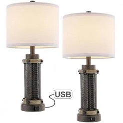 23 in. Bronze and Wood Tone Table Lamp with Double USB Port and White Linen Shade (Set of 2) by TRUE FINE -Dale Tiffany Store bronze and wood tone true fine table lamps td30010t 2pk 1d 1000
