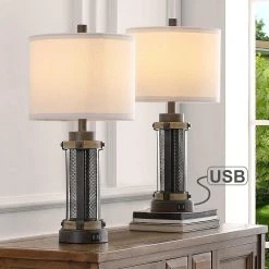 23 in. Bronze and Wood Tone Table Lamp with Double USB Port and White Linen Shade (Set of 2) by TRUE FINE