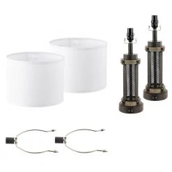 23 in. Bronze and Wood Tone Table Lamp with Double USB Port and White Linen Shade (Set of 2) by TRUE FINE -Dale Tiffany Store bronze and wood tone true fine table lamps td30010t 2pk 76 1000