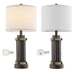 23 in. Bronze and Wood Tone Table Lamp with Double USB Port and White Linen Shade (Set of 2) by TRUE FINE -Dale Tiffany Store bronze and wood tone true fine table lamps td30010t 2pk c3 1000