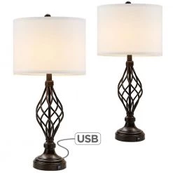28 in. Bronze USB Table Lamp with White Linen Shade, 9.5-Watt LED Bulbs Included (Set of 2) by TRUE FINE