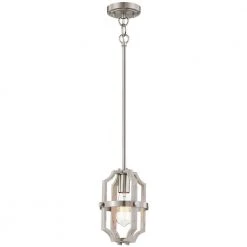Richwood 1-Light Brushed Nickel Modern Farmhouse Mini Pendant with White-Washed Wood Accents by TRUE FINE