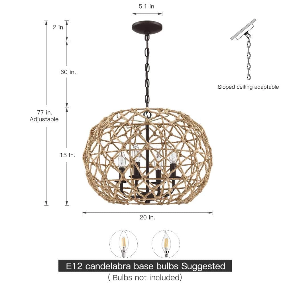 Trellis 20 in. 4-Light Rustic Natural Jute Rope Woven Globe Pendant Light with Black Canopy by TRUE FINE 6 Trellis 20 in. 4-Light Rustic Natural Jute Rope Woven Globe Pendant Light with Black Canopy by TRUE FINE - Image 4