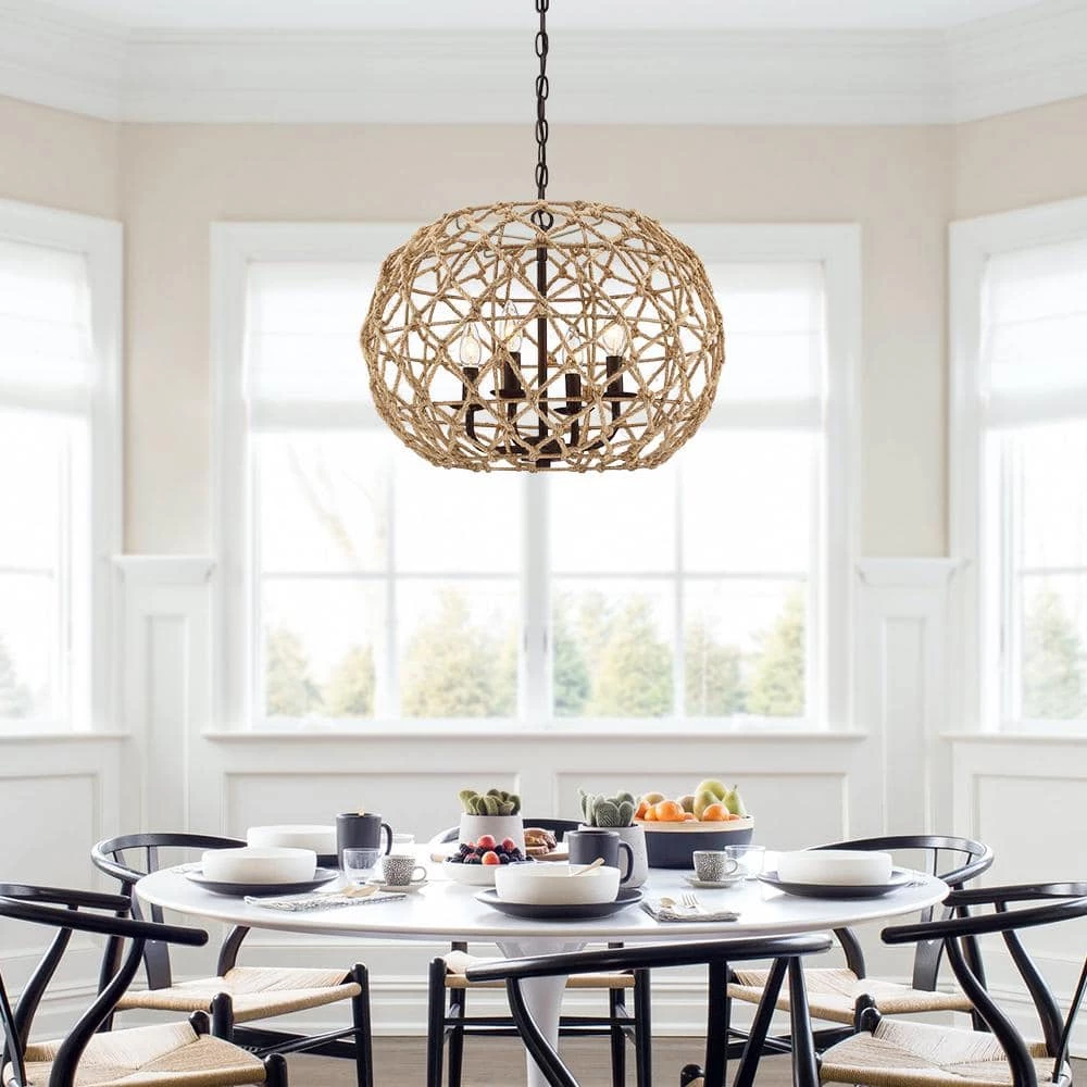 Trellis 20 in. 4-Light Rustic Natural Jute Rope Woven Globe Pendant Light with Black Canopy by TRUE FINE 5 Trellis 20 in. 4-Light Rustic Natural Jute Rope Woven Globe Pendant Light with Black Canopy by TRUE FINE - Image 3