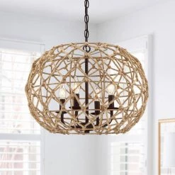 Trellis 20 in. 4-Light Rustic Natural Jute Rope Woven Globe Pendant Light with Black Canopy by TRUE FINE