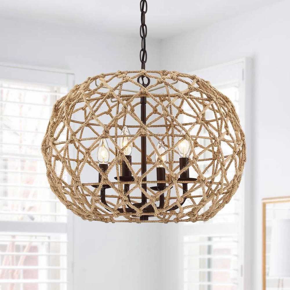 Trellis 20 in. 4-Light Rustic Natural Jute Rope Woven Globe Pendant Light with Black Canopy by TRUE FINE 3 Trellis 20 in. 4-Light Rustic Natural Jute Rope Woven Globe Pendant Light with Black Canopy by TRUE FINE