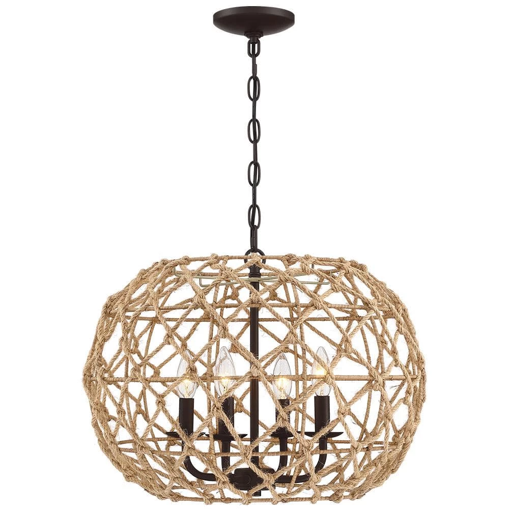 Trellis 20 in. 4-Light Rustic Natural Jute Rope Woven Globe Pendant Light with Black Canopy by TRUE FINE 7 Trellis 20 in. 4-Light Rustic Natural Jute Rope Woven Globe Pendant Light with Black Canopy by TRUE FINE - Image 5