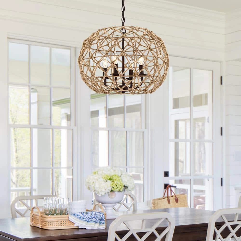 Trellis 20 in. 4-Light Rustic Natural Jute Rope Woven Globe Pendant Light with Black Canopy by TRUE FINE 4 Trellis 20 in. 4-Light Rustic Natural Jute Rope Woven Globe Pendant Light with Black Canopy by TRUE FINE - Image 2