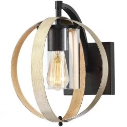 1-Light Distressed Black and Wood Tone Globe Cage Hardwired Outdoor Wall Lantern Sconce with Clear Glass Cylinder by TRUE FINE