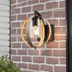 1-Light Distressed Black and Wood Tone Globe Cage Hardwired Outdoor Wall Lantern Sconce with Clear Glass Cylinder by TRUE FINE -Dale Tiffany Store distressed black and wood tone true fine outdoor sconces td40003ot a0 1000