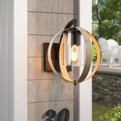 1-Light Distressed Black and Wood Tone Globe Cage Hardwired Outdoor Wall Lantern Sconce with Clear Glass Cylinder by TRUE FINE -Dale Tiffany Store distressed black and wood tone true fine outdoor sconces td40003ot fa 1000