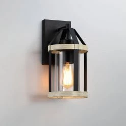 1-Light Distressed Black and Wood Tone Hardwired Outdoor Wall Lantern Sconce with Clear Glass Cylinder by TRUE FINE -Dale Tiffany Store distressed black and wood tone true fine outdoor sconces td41009ot a0 1000