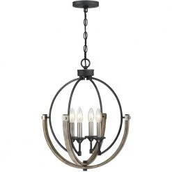 Sullivan 18 in. 4-Light Distressed Black/Wood Tone Farmhouse Candlestick Globe Pendant by TRUE FINE