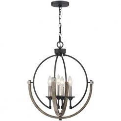 Sullivan 18 in. 4-Light Distressed Black/Wood Tone Farmhouse Candlestick Globe Pendant by TRUE FINE -Dale Tiffany Store distressed black wood tone true fine chandeliers td10012c fa 1000