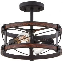 Richwood 12 in. 2-Light Distressed Black/Wood Tone Rustic Semi-Flush Mount by TRUE FINE