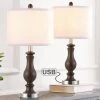 22.8 in. Mahogany and Brushed Nickel Table Lamp with USB Port and White Linen Shade (Set of 2) by TRUE FINE