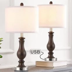 22.8 in. Mahogany and Brushed Nickel Table Lamp with USB Port and White Linen Shade (Set of 2) by TRUE FINE
