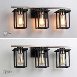 24.4 in. 3-Light Matt Black/Wood Tone Rustic Farmhouse Bathroom Vanity Light with Open Cage Shades by TRUE FINE -Dale Tiffany Store matt black wood tone true fine vanity lighting td20008w 1d 1000