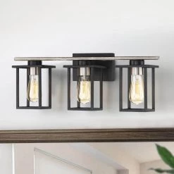 24.4 in. 3-Light Matt Black/Wood Tone Rustic Farmhouse Bathroom Vanity Light with Open Cage Shades by TRUE FINE -Dale Tiffany Store matt black wood tone true fine vanity lighting td20008w 1f 1000