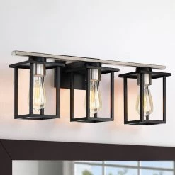 24.4 in. 3-Light Matt Black/Wood Tone Rustic Farmhouse Bathroom Vanity Light with Open Cage Shades by TRUE FINE -Dale Tiffany Store matt black wood tone true fine vanity lighting td20008w 40 1000
