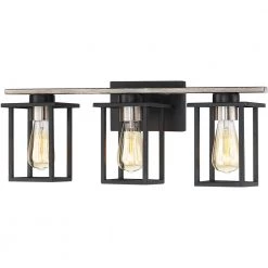 24.4 in. 3-Light Matt Black/Wood Tone Rustic Farmhouse Bathroom Vanity Light with Open Cage Shades by TRUE FINE -Dale Tiffany Store matt black wood tone true fine vanity lighting td20008w fa 1000