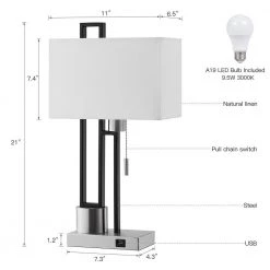 21 in. Matte Black/Brushed Nickel USB Table Lamp with White Linen Shade, 9.5-Watt LED Bulb Included by TRUE FINE -Dale Tiffany Store matte black brushed nickel true fine table lamps 9026t 1d 1000