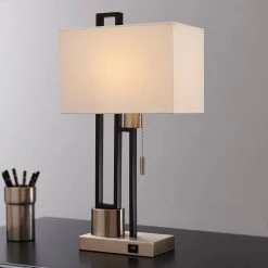 21 in. Matte Black/Brushed Nickel USB Table Lamp with White Linen Shade, 9.5-Watt LED Bulb Included by TRUE FINE -Dale Tiffany Store matte black brushed nickel true fine table lamps 9026t 44 1000