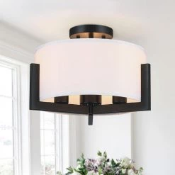 14 in. 3-Light Matte Black Semi-Flush Mount Ceiling Light with Drum Shade by TRUE FINE -Dale Tiffany Store matte black true fine flush mount lights td20014fl 66 1000