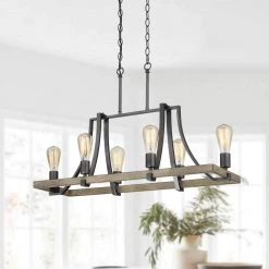 6-Light 33 in. Natural Iron and Distressed Faux Wood Industrial Famhouse Island Chandelier by TRUE FINE
