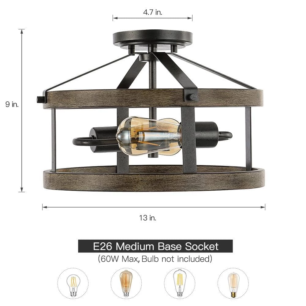 Madison 13 in. 2-Light Natural Iron and Distressed Faux Wood Industrial Farmhouse Semi-Flush Mount Ceiling Light by TRUE FINE 5 Madison 13 in. 2-Light Natural Iron and Distressed Faux Wood Industrial Farmhouse Semi-Flush Mount Ceiling Light by TRUE FINE - Image 3
