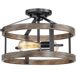 Madison 13 in. 2-Light Natural Iron and Distressed Faux Wood Industrial Farmhouse Semi-Flush Mount Ceiling Light by TRUE FINE