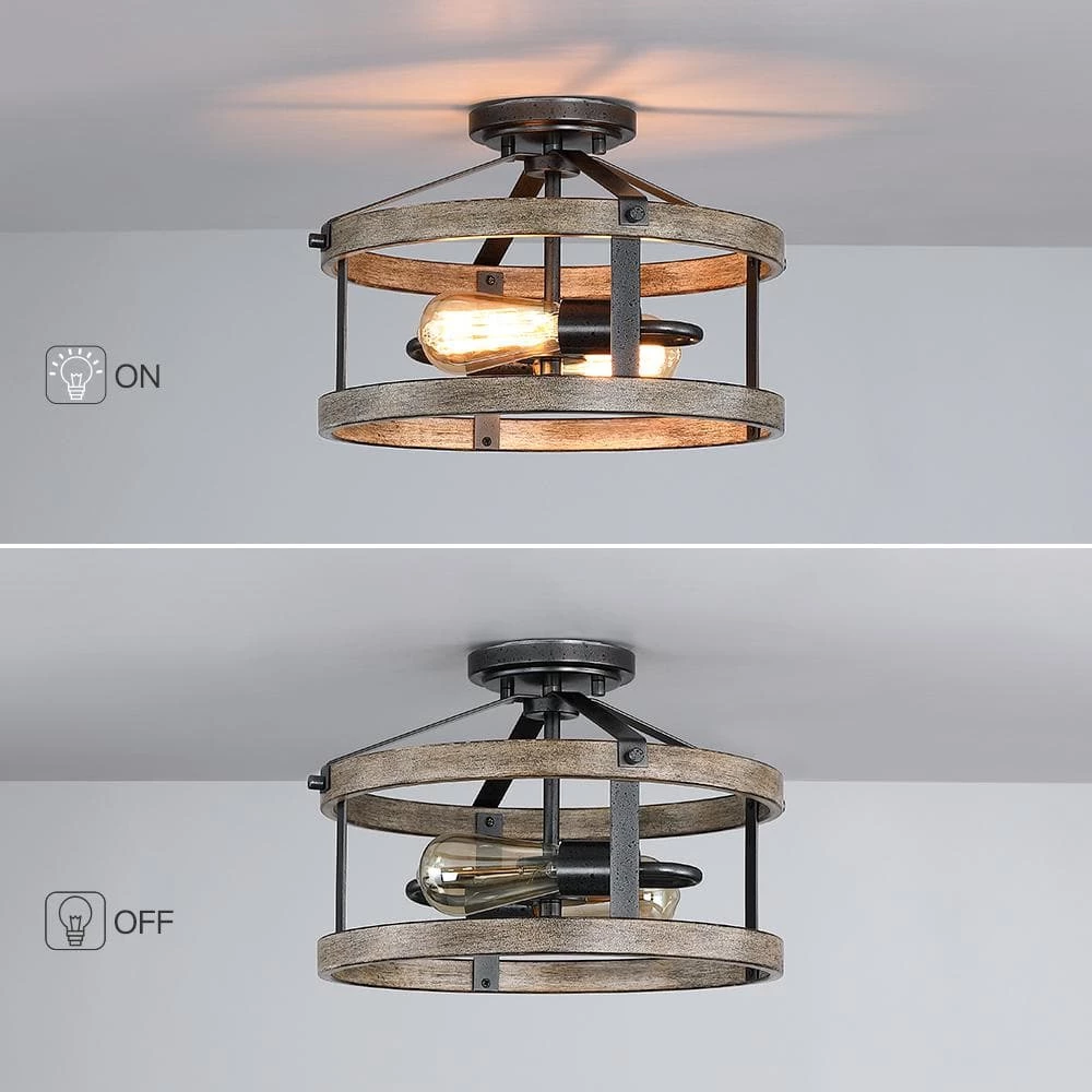 Madison 13 in. 2-Light Natural Iron and Distressed Faux Wood Industrial Farmhouse Semi-Flush Mount Ceiling Light by TRUE FINE 6 Madison 13 in. 2-Light Natural Iron and Distressed Faux Wood Industrial Farmhouse Semi-Flush Mount Ceiling Light by TRUE FINE - Image 4