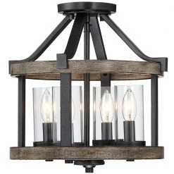 Madison 12.5 in. 4-Light Natural Iron and Distressed Faux Wood Modern Farmhouse Semi-Flush Mount Ceiling Light by TRUE FINE