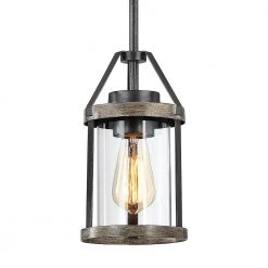 Madison 1-Light Natural Iron and Distressed Faux Wood Farmhouse Mini-Pendant with Clear Glass Shade by TRUE FINE