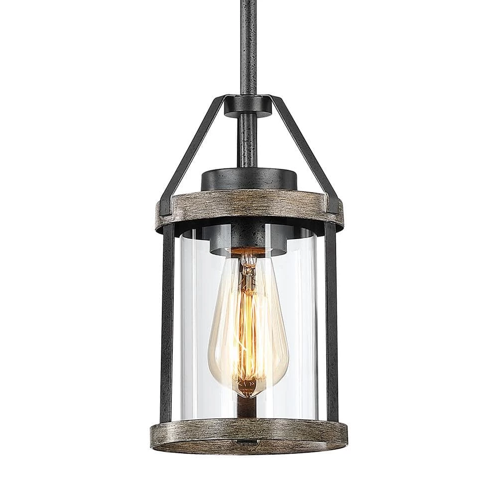 Madison 1-Light Natural Iron and Distressed Faux Wood Farmhouse Mini-Pendant with Clear Glass Shade by TRUE FINE 3 Madison 1-Light Natural Iron and Distressed Faux Wood Farmhouse Mini-Pendant with Clear Glass Shade by TRUE FINE
