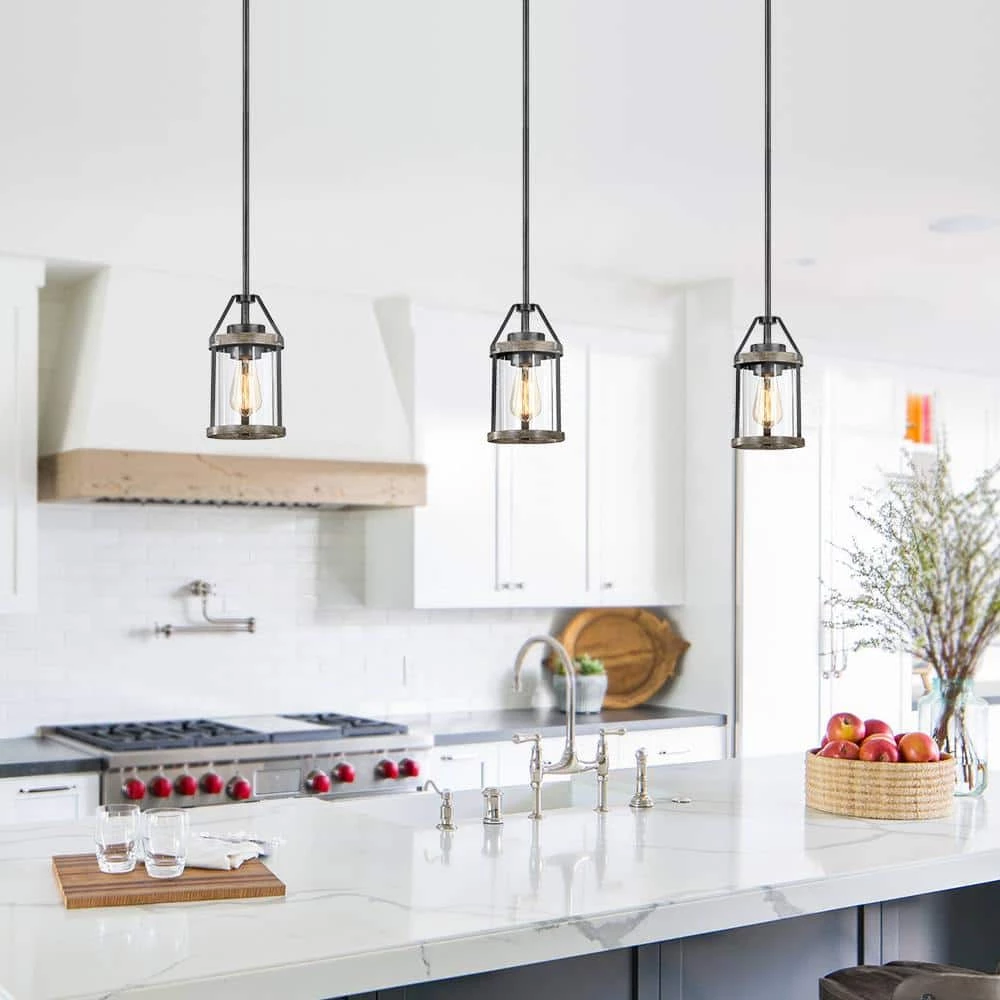 Madison 1-Light Natural Iron and Distressed Faux Wood Farmhouse Mini-Pendant with Clear Glass Shade by TRUE FINE 4 Madison 1-Light Natural Iron and Distressed Faux Wood Farmhouse Mini-Pendant with Clear Glass Shade by TRUE FINE - Image 2