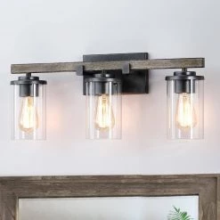 Madison 22 in. 3-Light Natural Iron and Distressed Faux Wood Farmhouse Bathroom Vanity Light with Clear Glass Shades by TRUE FINE -Dale Tiffany Store natural iron and distressed faux wood true fine vanity lighting td80002w c3 1000