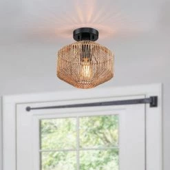 10.2 in. 1-Light Bohemian Natural Jute Rope Semi-Flush Mount Ceiling Light with Black Hardware by TRUE FINE -Dale Tiffany Store natural jute rope true fine flush mount lights td90013fl 1d 1000