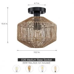 10.2 in. 1-Light Bohemian Natural Jute Rope Semi-Flush Mount Ceiling Light with Black Hardware by TRUE FINE -Dale Tiffany Store natural jute rope true fine flush mount lights td90013fl 66 1000