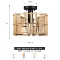 11.8 in. 1-Light Eclectic Natural Rattan and Bamboo Semi-Flush Mount Ceiling Light with Black Hardware by TRUE FINE -Dale Tiffany Store natural rattan and bamboo true fine flush mount lights td90015fl 40 1000