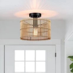 11.8 in. 1-Light Eclectic Natural Rattan and Bamboo Semi-Flush Mount Ceiling Light with Black Hardware by TRUE FINE