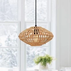 13 in. 1-Light Eclectic Natural Rattan and Bamboo Island Mini Pendant Light with Black Hardware by TRUE FINE