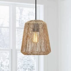 1-Light Bohemian Natural Jute Rope Island Mini Pendant Light with Black Hardware by TRUE FINE
