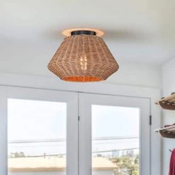 13.8 in. 1-Light Eclectic Natural Rattan Semi-Flush Mount Ceiling Light with Black Hardware by TRUE FINE -Dale Tiffany Store natural rattan true fine flush mount lights td90007p 1d 1000
