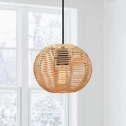 1-Light Eclectic Natural Rattan Globe Island Mini Pendant Light with Black Hardware by TRUE FINE