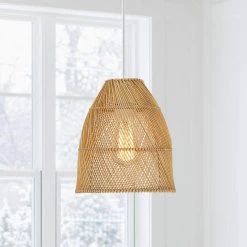 1-Light Eclectic Natural Rattan Bell Island Mini Pendant Light with White Hardware by TRUE FINE