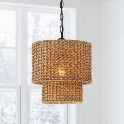 Brady 12 in. 1-Light Traditional Pendant with Natural Rattan Wicker Shade and Black Hardware by TRUE FINE