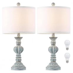 22 .75 in. Washed Aqua/Blue Table Lamp with White Linen Shade, 9.5-Watt LED Bulbs Included (Set of 2) by TRUE FINE