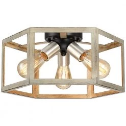 15 in. 3-Light Wood Tone Modern Farmhouse Semi-Flush Mount Ceiling Light by TRUE FINE